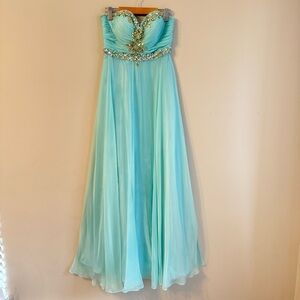 Strapless Aqua Beaded Chiffon Evening Gown